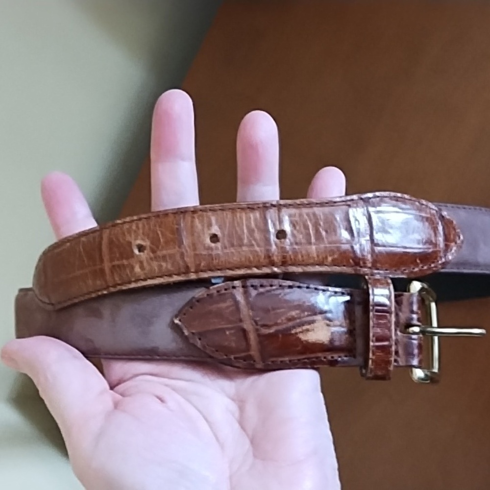 Saddlebred Brown Croc Embossed Nubuck Leather Belt Solid Brass Buckle Size Large - Picture 2 of 5